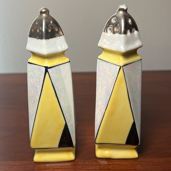 VTG Art Deco Style Yellow Black White Lustreware Salt & Pepper Shaker Set - Picture 4 of 7